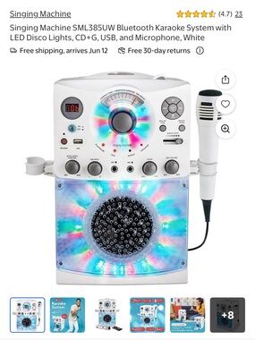 Singing Machine White Bluetooth Karaoke Speaker with LED Disco Lights